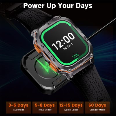 Bluetooth-powered smartwatch with health and activity tracking features.