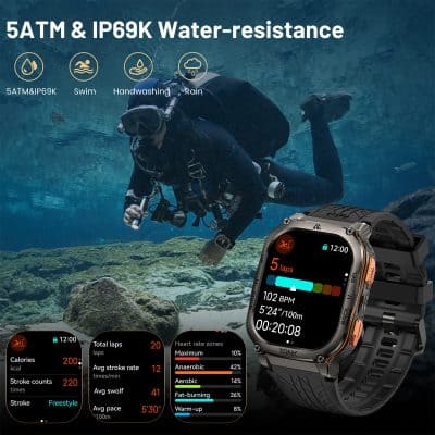 Water-resistant smartwatch for diving, swimming, and outdoor activities, featuring 5ATM & IP69K certification, heart rate monitoring, and fitness tracking, ideal for aquatic sports and rugged environments.