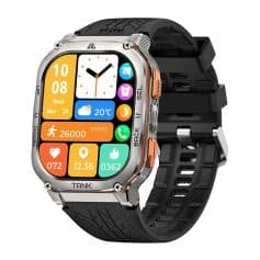 Smartwatch with fitness tracker, heart rate monitor, weather display, and notification icons for health and wellness. Perfect for active lifestyles.