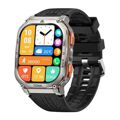 Smartwatch with fitness tracker, heart rate monitor, weather display, and notification icons for health and wellness. Perfect for active lifestyles.