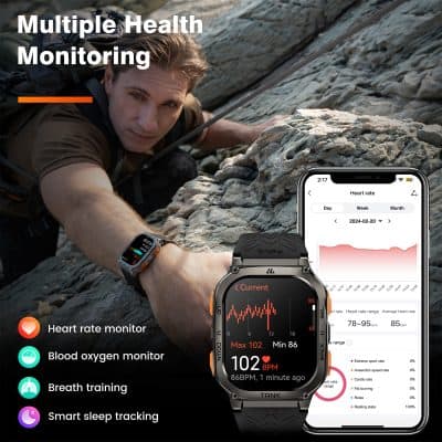 Accurate heart rate monitoring smartwatch with blood oxygen, breath training, and sleep tracking features for health management.