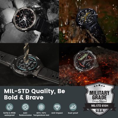 Military-grade smartwatch for active lifestyle, rugged water-resistant, anti-corrosion, anti-impact, dust-proof, durable outdoor fitness tracker, MIL-STD 810H tested, perfect for military and outdoor use.