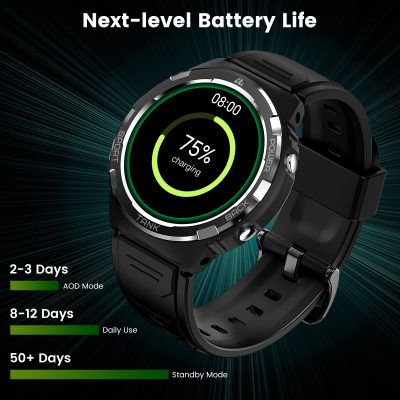 Battery life of smartwatch showing 75% charge on digital display, next-level battery life features for optimal use, Monalisa Store optical accessories and smart device solutions, a high-tech smartwatch with extended battery performance for active lifestyles, relevant for Opt.