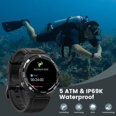 Waterproof sports watch with 5 ATM and IP69K rating, ideal for snorkeling, swimming, rain, and handwashing, featuring heart rate tracking and durable design for active lifestyles.