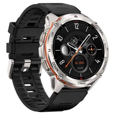 Smart men's digital and analog watch with fitness tracking, step counter, and moon phase display, featuring durable black silicone strap and stainless steel bezel, ideal for active lifestyles.