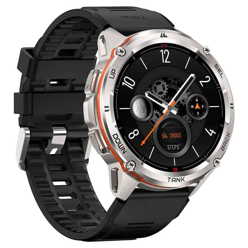 Smart men's digital and analog watch with fitness tracking, step counter, and moon phase display, featuring durable black silicone strap and stainless steel bezel, ideal for active lifestyles.