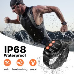 Active man running in water with waterproof smartwatch, emphasizing durability for swimming, handwashing, and sweating.