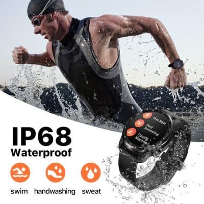 Active man running in water with waterproof smartwatch, emphasizing durability for swimming, handwashing, and sweating.