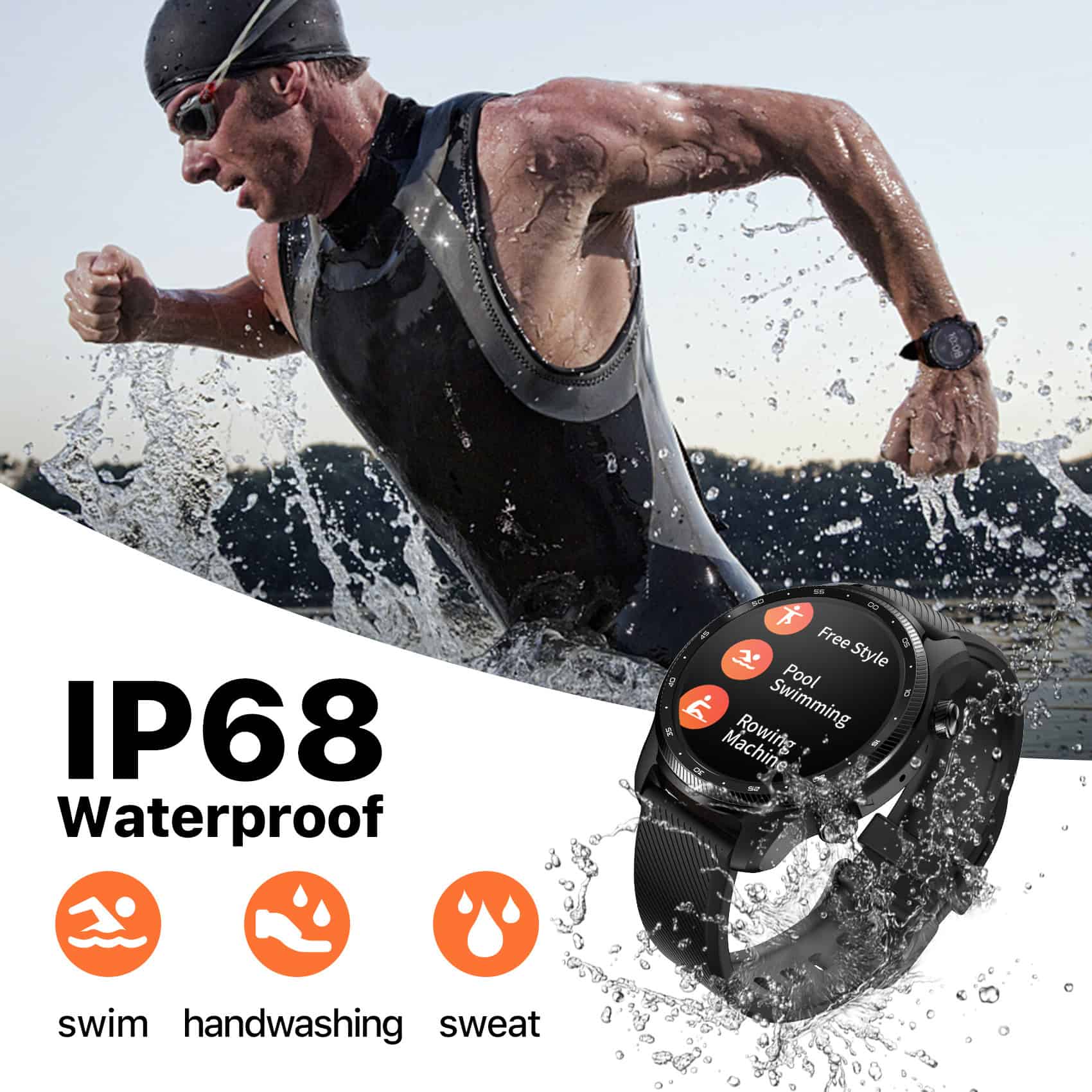 Active man running in water with waterproof smartwatch, emphasizing durability for swimming, handwashing, and sweating.