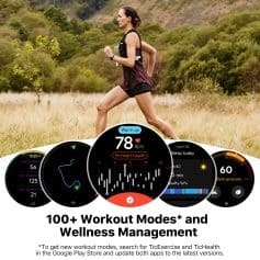 Exercise woman running outdoors with smartwatch displaying fitness and health metrics, promoting fitness and wellness tracking.