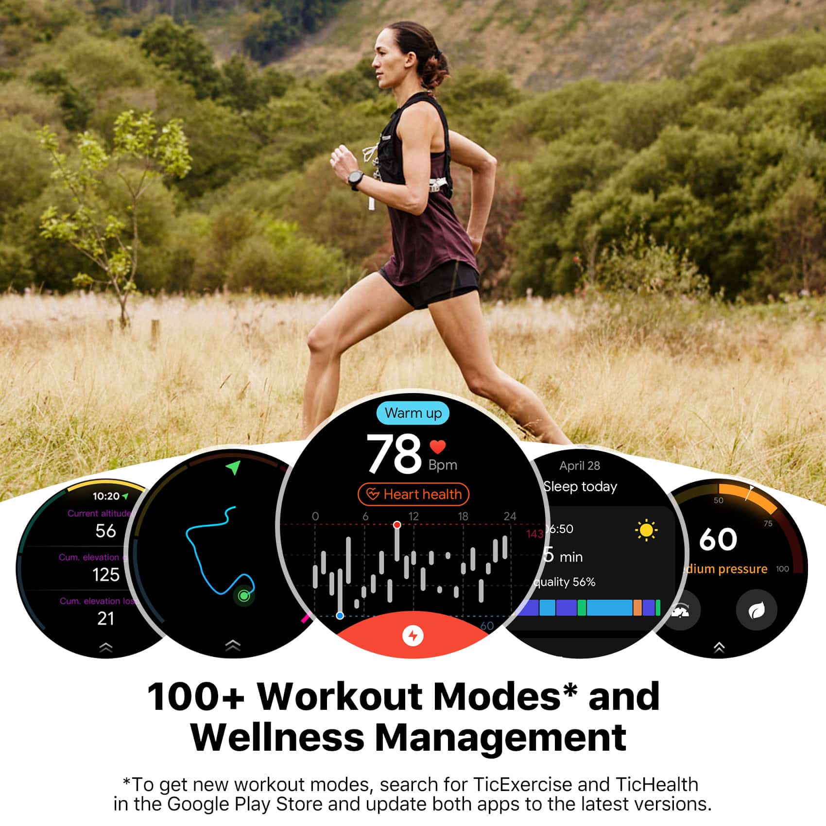 Exercise woman running outdoors with smartwatch displaying fitness and health metrics, promoting fitness and wellness tracking.