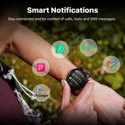 Wearable smart watch displaying notifications for calls, texts, and apps on an outdoor trail, illustrating advanced health and communication technology at Monalisa Store.