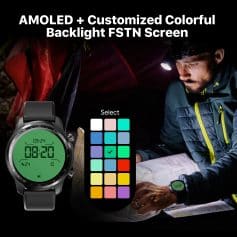 A modern digital smartwatch with customizable colorful backlit FSTN screen, ideal for outdoor adventures and health tracking, showcased alongside a person using it during nighttime camping.