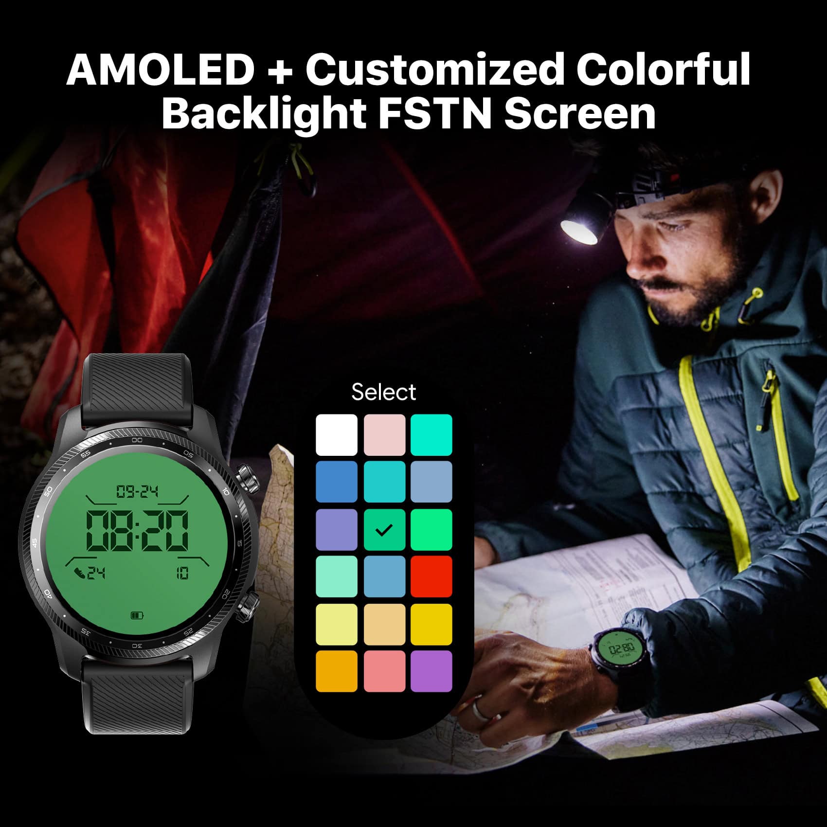 A modern digital smartwatch with customizable colorful backlit FSTN screen, ideal for outdoor adventures and health tracking, showcased alongside a person using it during nighttime camping.