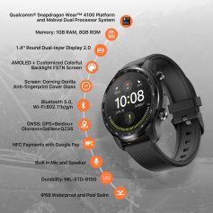 Bluetooth smartwatch with AMOLED color display, fitness tracking, GPS, NFC payment, waterproof design, and built-in microphone and speaker for health and activity monitoring.