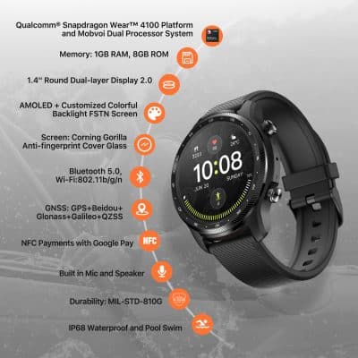 Bluetooth smartwatch with AMOLED color display, fitness tracking, GPS, NFC payment, waterproof design, and built-in microphone and speaker for health and activity monitoring.
