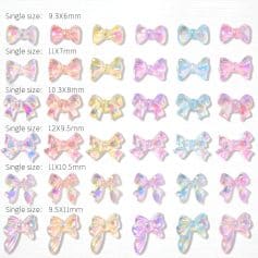 Colorful iridescent bow hair accessories in various sizes for hair styling and fashion. Perfect for adding a charming touch to any look, available in multiple dimensions for versatile use.
