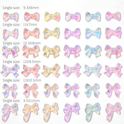 Colorful iridescent bow hair accessories in various sizes for hair styling and fashion. Perfect for adding a charming touch to any look, available in multiple dimensions for versatile use.