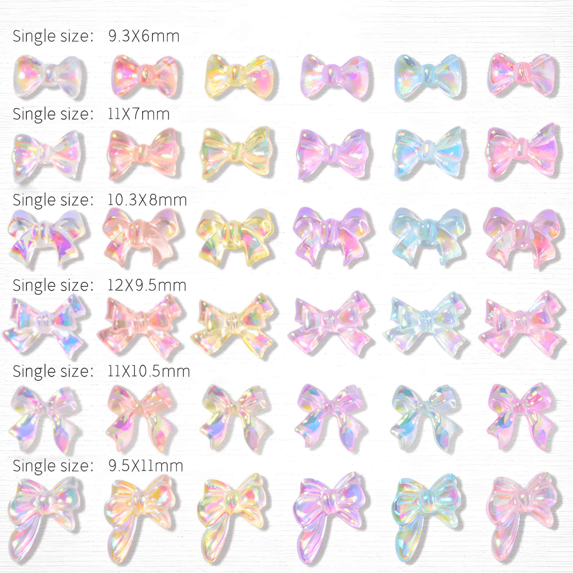 Colorful iridescent bow hair accessories in various sizes for hair styling and fashion. Perfect for adding a charming touch to any look, available in multiple dimensions for versatile use.