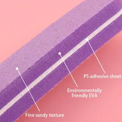 Nail file showcasing eco-friendly EVA, PS adhesive sheet, fine sandy texture for smooth filing, perfect for eco-conscious beauty routines.