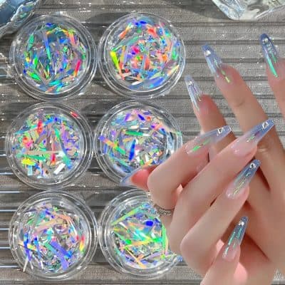 Shimmering holographic nail art glitter with iridescent, colorful reflections for stunning manicures and nail enhancements.