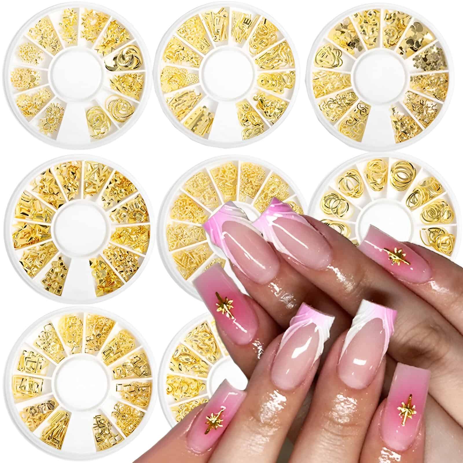 Golden nail art embellishments for gel and acrylic nails, perfect for stylish manicures and nail salons. High-quality, easy-to-apply nail decorations for creative and elegant nail designs.