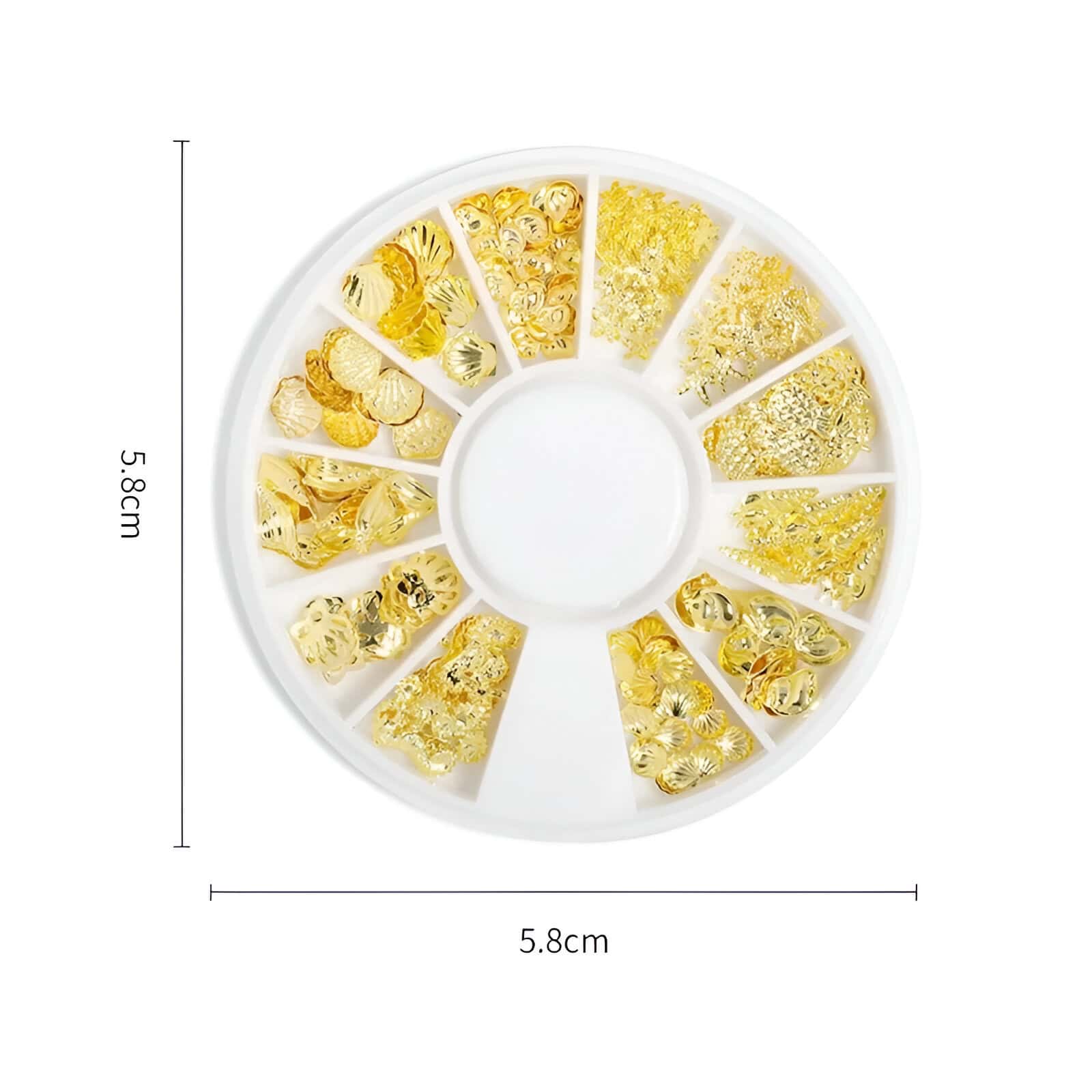Shiny gold nail art charms and embellishments in a circular plastic organizer, perfect for professional nail designs, gel extensions, and nail art decoration.