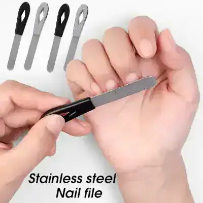 Stainless steel nail file with a black handle, used for manicures and pedicures, ideal for shaping and smoothing nails in beauty salons and at home.