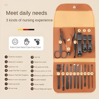 Precision nail and pedicure tools kit for professional and home use, includes scissors, clippers, knives, files, and cleaning brushes for grooming and skincare.