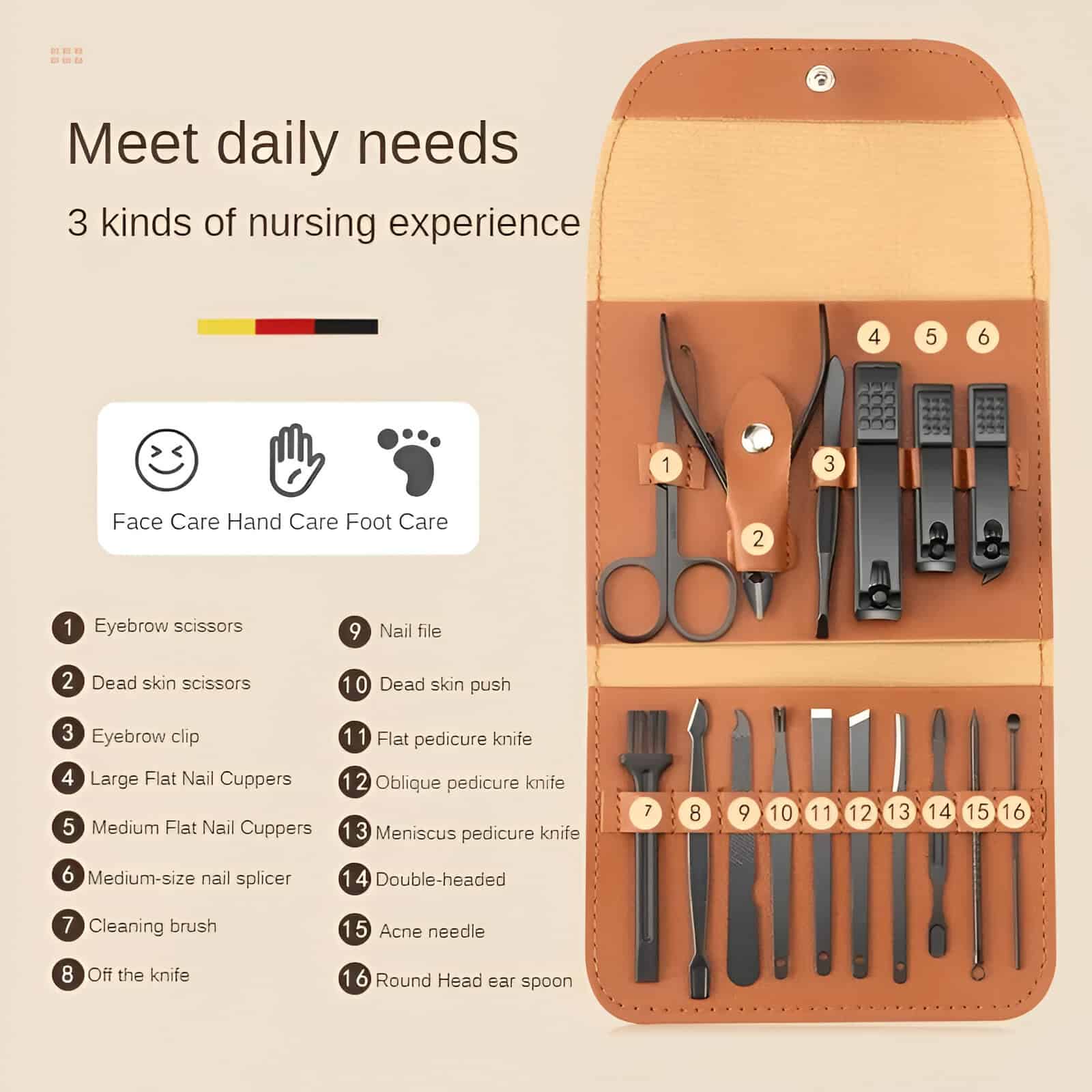 Precision nail and pedicure tools kit for professional and home use, includes scissors, clippers, knives, files, and cleaning brushes for grooming and skincare.