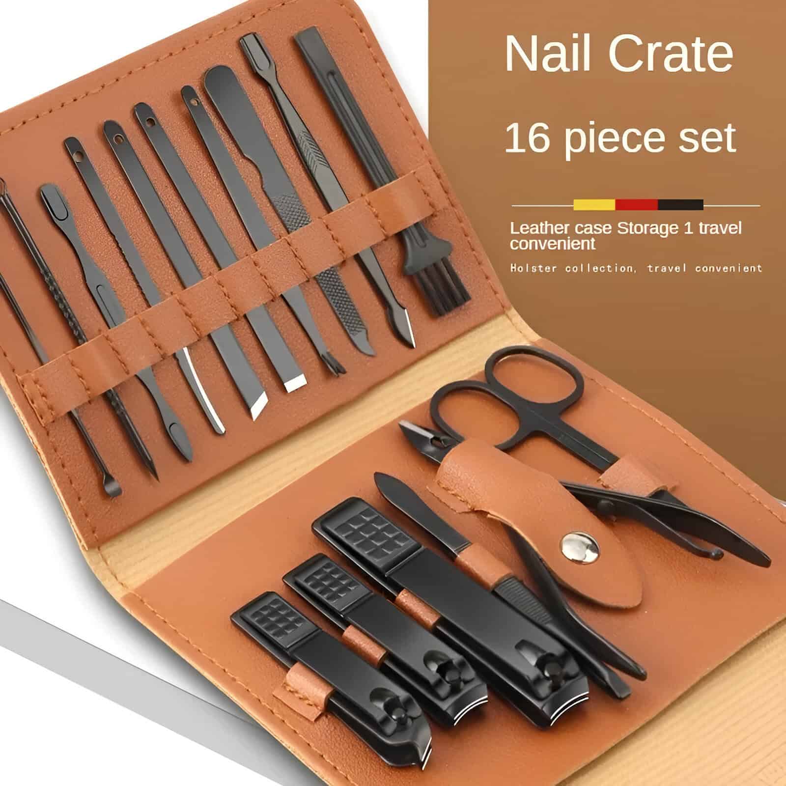 Nail care tools and manicure set in leather storage case, professional 16-piece pedicure and manicure kit, travel-friendly grooming kit, perfect for salon or home use, durable and convenient design for healthy nails.
