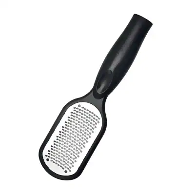 Enhanced black foot file for pedicure and foot skincare, featuring stainless steel exfoliating surface and ergonomic handle for easy at-home foot care and callus removal.
