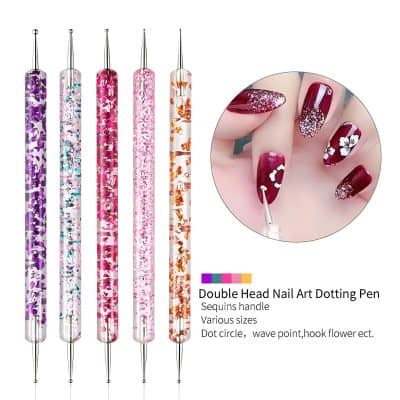 Colorful double head nail art dotting pens with sequins handle for precise nail designs, dot circles, wave points, and flower hooks, ideal for professional manicure and pedicure applications.