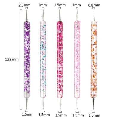 Colorful floral design acrylic nail drill bits in purple, pink, white, and orange, 128mm long with 1.5mm and 0.8mm tips, ideal for precision manicure and pedicure treatments.