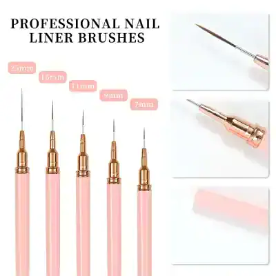 Precision nail liner brushes set, ideal for detailing and precise manicures, featuring sizes from 7mm to 25mm for professional nail art application.