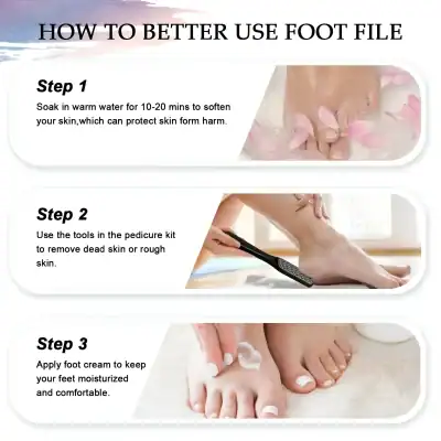 Moisturizing foot care tutorial, pedicure kit use, foot file for callus removal, foot cream application, self-care at home showcasing foot grooming steps.