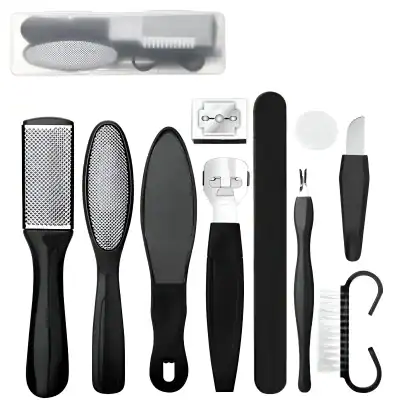 Professional pedicure tools set for nail care and callus removal at Monalisa Store, featuring nail files, foot rasp, cuticle pushers, and scrub brushes for healthy, beautiful feet and nails.