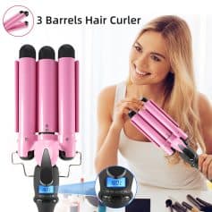 Pink 3-barrel hair curler with digital temperature display for professional styling.