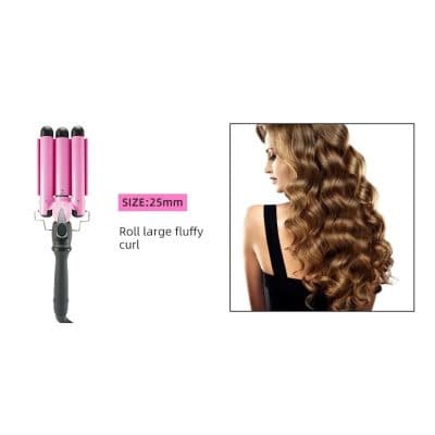 Pink triple barrel curling iron with 25mm barrel for large fluffy curls, ideal for creating voluminous, glamorous hairstyles. Perfect for professional salons or at-home styling.