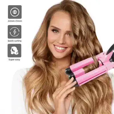 Silky smooth, voluminous hair styled with a pink curling iron, showcasing quick curling and easy use features. Perfect for achieving beautiful curls effortlessly.
