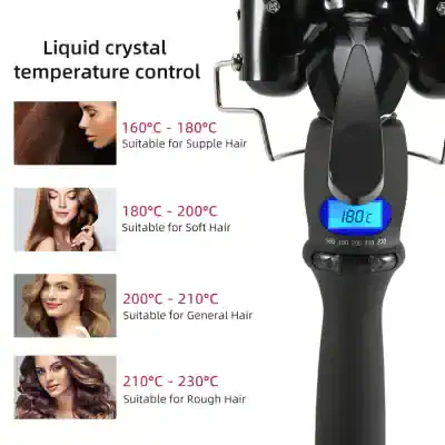 Liquid crystal hair straightening temperature control for professional salon use, with adjustable settings for soft, supple, and rough hair types, ensuring perfect styling results.