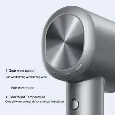 High-quality silver hair dryer with multiple heat and wind speed settings, including cold air circulation for professional hair care and styling. Perfect for salons and home use.