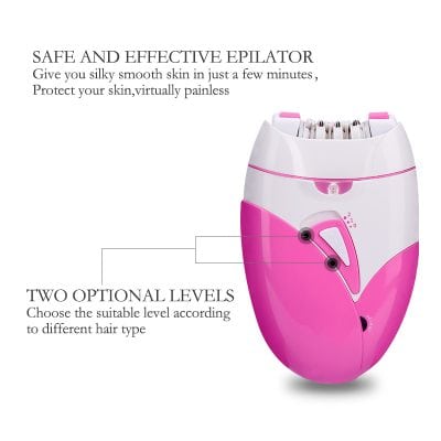 Electric depilator for sensitive skin, noise-free epilation device, painless hair removal, two adjustable speed settings, compact beauty grooming tool.