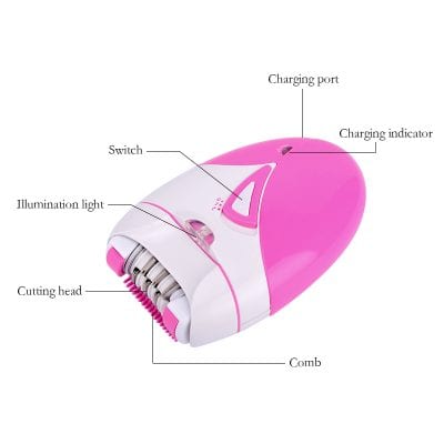 Pink and white electric hair removal device with charging port and illumination light for smooth skin.