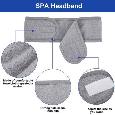 Soft grey SPA headband made of comfortable, washable towelcloth, featuring a strong non-slip side seam and adjustable size, ideal for spa, facial, or cosmetic treatments.