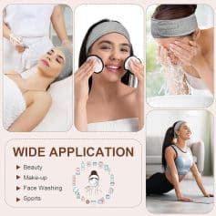 Relaxing facial treatment with a headband, skincare routine, skincare products, and face cleaning at Monalisa Medical Spa.