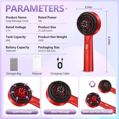 Massage comb for scalp and head, red handheld massager with multiple massage nodes for relaxation and pain relief.