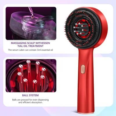 Microneedling facial roller with red handle and spherical steel massage balls for skin rejuvenation and enhanced absorption of serums.