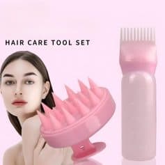 Pink hair care tool set with scalp massager and detangling brush for healthy hair and scalp care, ideal for hair maintenance and grooming.