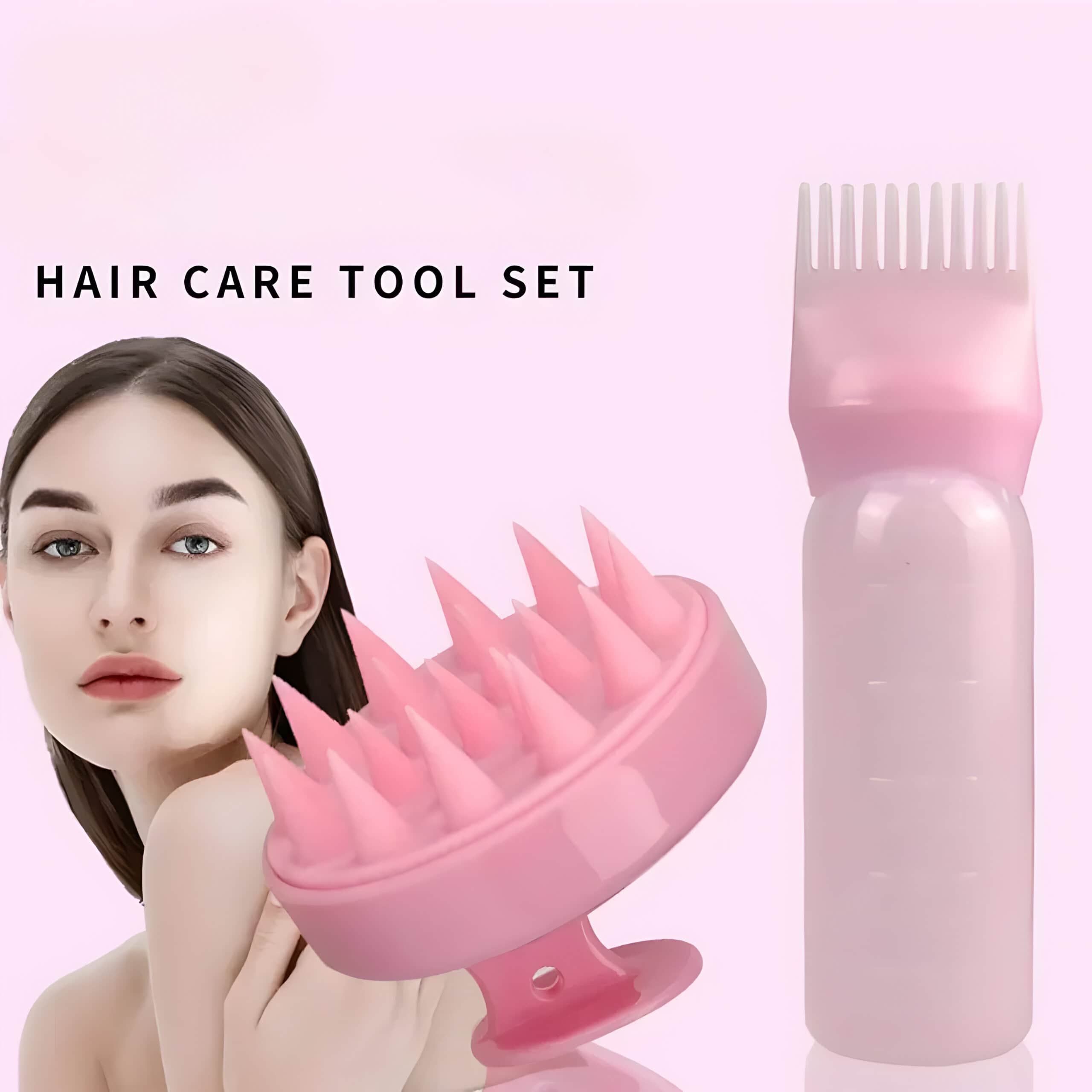 Pink hair care tool set with scalp massager and detangling brush for healthy hair and scalp care, ideal for hair maintenance and grooming.